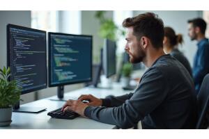  Homem jovem programando em um escritório moderno, concentrado em duas telas com códigos coloridos. Ao fundo, outros profissionais também trabalham em frente ao computador, em um ambiente claro, com plantas decorativas nas mesas.