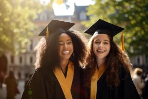 Duas jovens formandas sorridentes usando beca e capelo comemoram a conclusão da graduação em um ambiente ao ar livre, com luz do sol e árvores ao fundo.