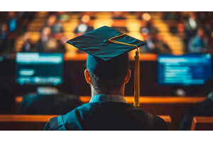 Estudante com beca e capelo participa de cerimônia de formatura em um auditório, simbolizando a conquista da graduação. 