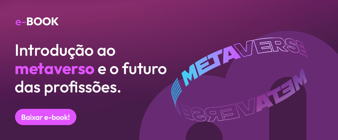 imagem com cor de fundo roxa, do lado esquerdo temos a seguinte frase: Introdução ao metaverso e o futuro das profissões. Do lado direito temos o desenho em formato de espiral com a seguinte escrita: Metaverse.
