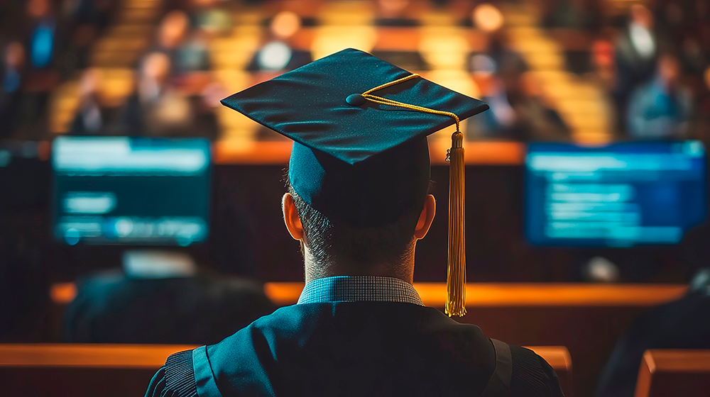 Estudante com beca e capelo participa de cerimônia de formatura em um auditório, simbolizando a conquista da graduação.
